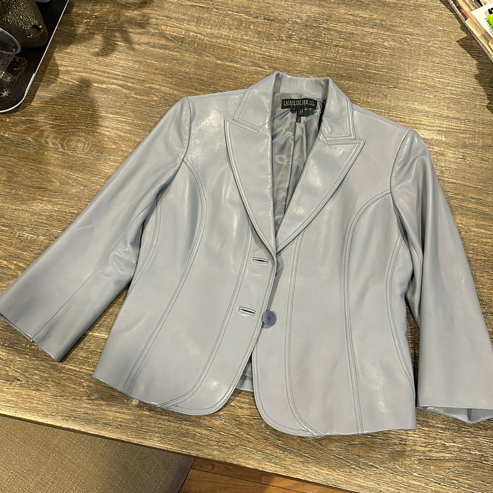 Lafayette 148 New York blue leather blazer 21 inches long.